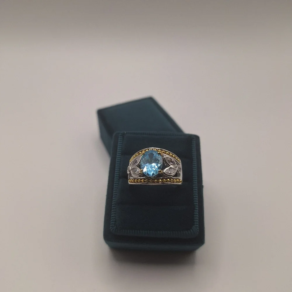 Blue Swarovski Crystal Oval Ring | Two-Tone Silver & Gold | Size 7
